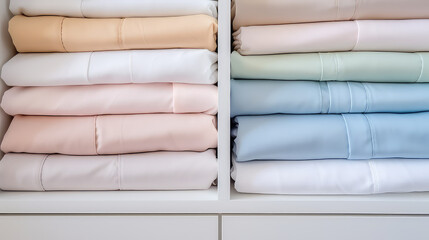 Neatly folded bed linen and towels stacks lie in the open closet shelf. Pastel colors palette, ergonomic storage.  - obrazy, fototapety, plakaty