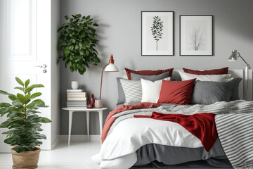 Decorating a pleasant, bright bedroom with grey, white, and red. Generative AI