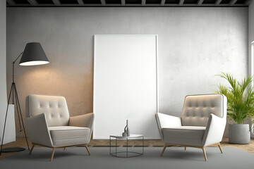 Fototapeta premium Armchairs in a bright living room with a blank billboard on a concrete wall. mockup. Generative AI