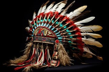 Traditional Native American headdress with feathers and intricate beadwork. Generative AI