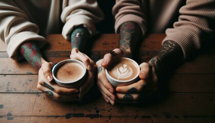 Detailed shot in a cozy cafe setting with muted indoor lighting. A pair of hands, one with a lighter complexion and the other darker