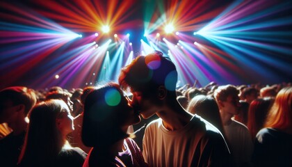 Young couple kissing under bright concert lights