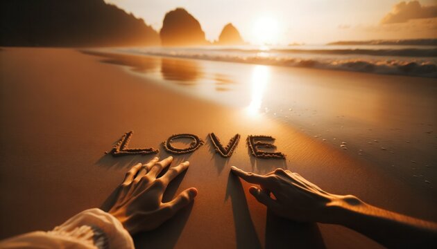 A couple writing love on the sand on the beach