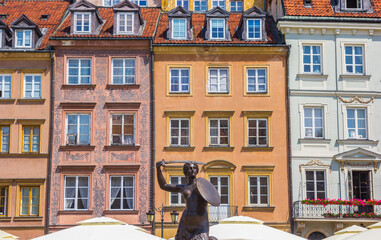 Mermaid statue on the historic old town market square in Warsaw, Poland
