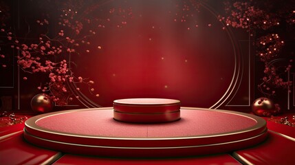 Luxury red gold podium mockup product with flower on the glitter background AI Generative
