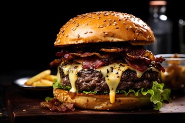 A Gourmet Burger Extravaganza - Towering with Juicy Beef, Crispy Bacon, Fresh Lettuce, Tomato, and Melted Cheese, Served with Crispy Golden French Fries

