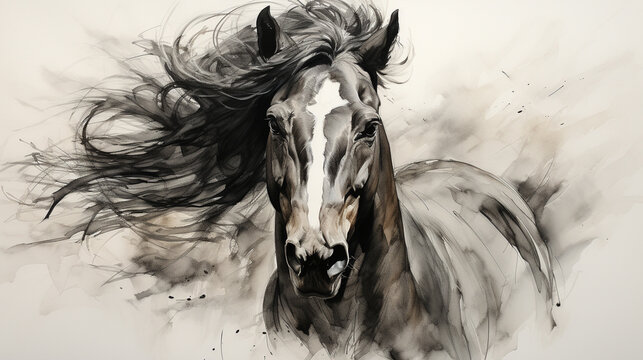 black and white horse HD 8K wallpaper Stock Photographic Image