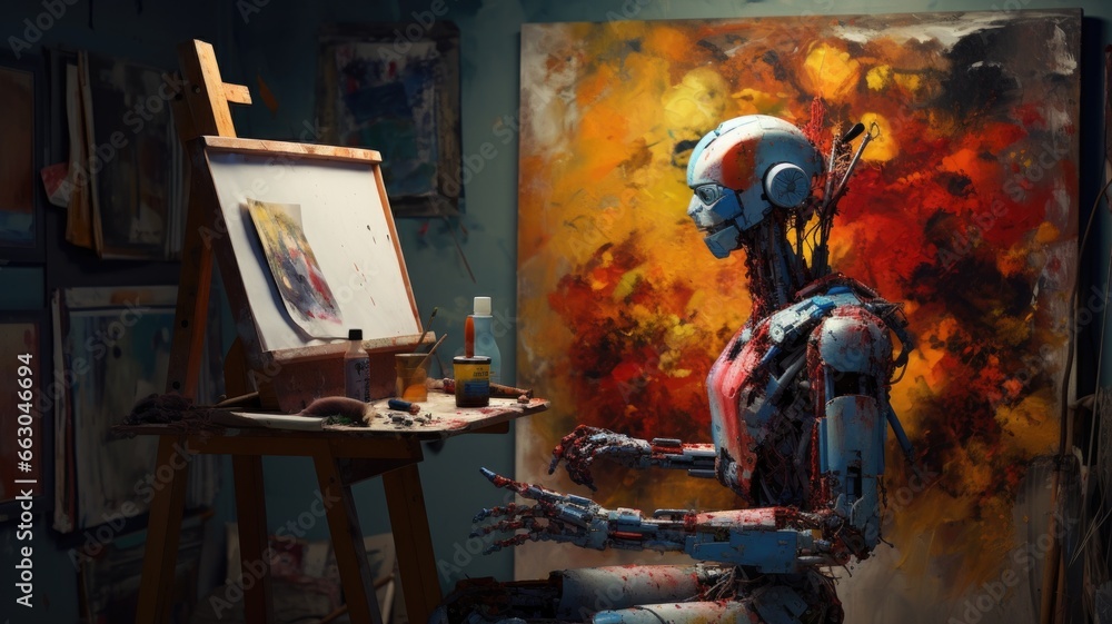 Poster generative ai art technology concept, robot painting picture in studio. generative ai image.