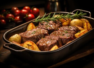A Brown Casserole Dish Bursting with Savory Steak and Herb-Infused Potatoes, a Gastronomic Delight