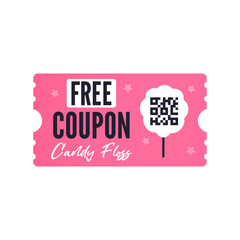 Free coupon candy floss isolated on white background. Cute little pink coupon with cotton candy illustration