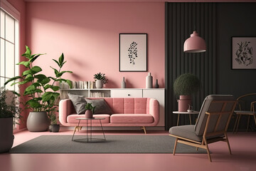 The living room in the ed image has a pink wall. Generative AI - obrazy, fototapety, plakaty