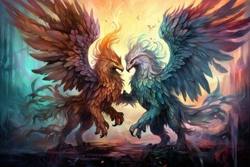 Obraz premium Loyal griffins, majestic creatures with the body of a lion and the wings of an eagle - Generative AI