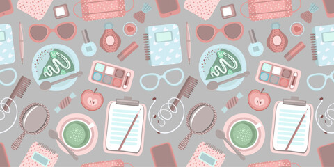 Fashion seamless pattern with women's accessories, cosmetics, gadgets