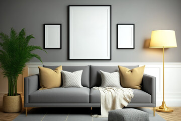 Mock picture frame in living room, Wicker furniture interior design,. Generative AI