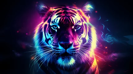 Deurstickers a tiger with a holographic effect that emits a futuristic aura © Asep