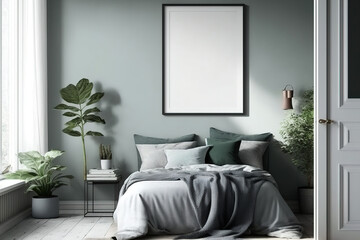 blank poster frame with mat near bed in modern gray bedroom,. Generative AI