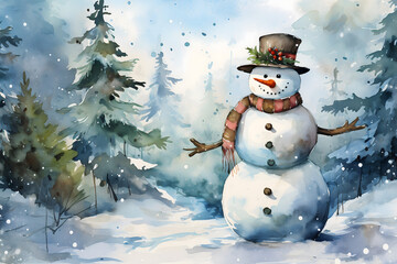 Obraz premium christmas tree decorations, santa claus with gifts, snowman in the snow, christmas gift boxes