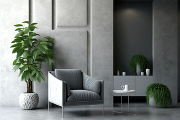 A grey stone and concrete wall with furniture, a lamp, a plant vase, an armchair, and a niche concept in a room. Generative AI