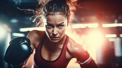 A dynamic shot of a woman practicing her punches on a boxing bag, her strength visible in her focused expression and fierce stance.