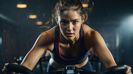Fototapeta na wymiar A woman, amidst an intense spin class, pushes through her limits, the determination clear on her face as she pedals.