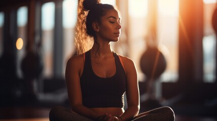 In a quiet corner of the gym, a woman sits in a peaceful meditative pose, finding a moment of serenity amidst her cool-down routine.