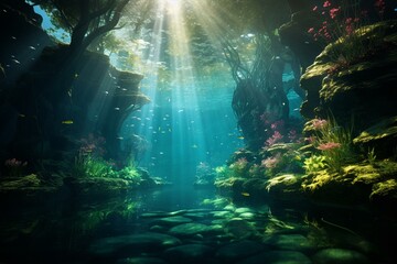 Exploring a magical forest with detailed visuals and wide-angle bokeh beneath the water. Generative AI