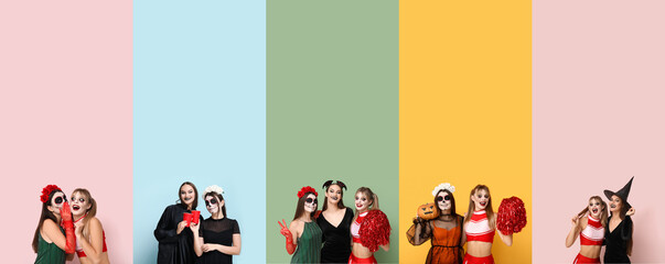 Set of young women dressed for Halloween party on color background