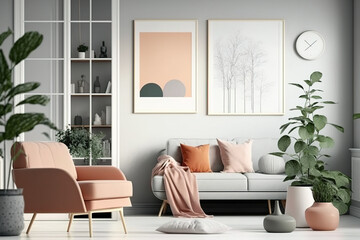 Colorful Scandinavian living room design, frame mockup, simple interior background, illustration. Generative AI - obrazy, fototapety, plakaty