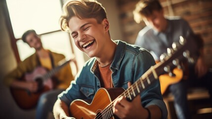 Fototapeta premium A smiling teenager strumming an acoustic guitar in a sunlit room