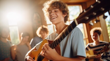 A smiling teenager strumming an acoustic guitar in a sunlit room - obrazy, fototapety, plakaty