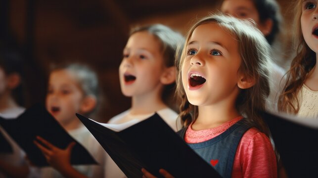 A group of children, various ages, singing vibrantly in their music class, sheet music in hand