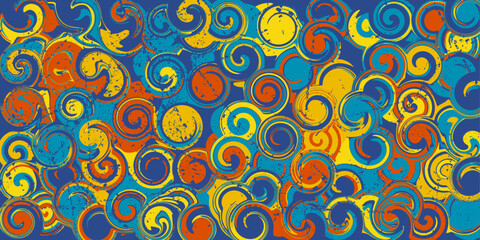 Abstract chaotic wavy red-blue-yellow background with faded paper effect and scuffs. Vector illustration