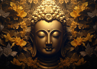 the buddha in golden leaves