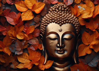 the buddha in golden leaves - obrazy, fototapety, plakaty