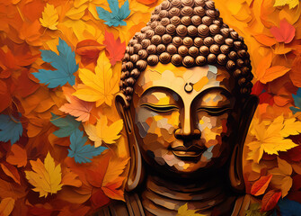 the buddha in golden leaves