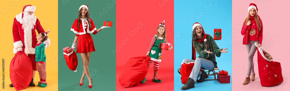 Wall mural set of people in santa and elves costumes on colorful background