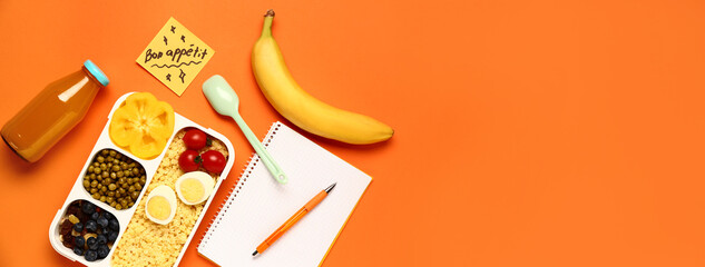 Stationery, tasty food in lunchbox and sticky note with text BON APPETIT on orange background with...