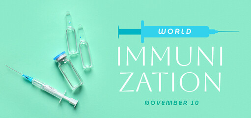 Banner for World Immunization Day with syringe and vaccines