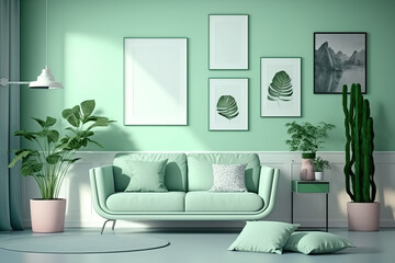 Fototapeta na wymiar Flat color poster showcase room with five frames on the wall, monotone light green gallery wall with chairs and plants. Generative AI