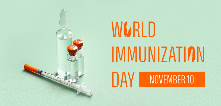 Banner for World Immunization Day with syringe and vaccines