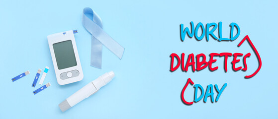 Banner for World Diabetic Day with glucometer, lancet pen and awareness ribbon