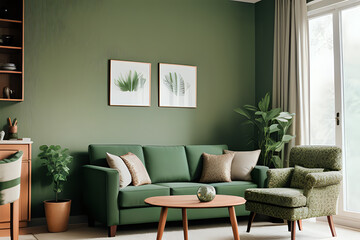 Decorative living room and kitchen background interior style, green sofa and armchair middle table, brown bookshelf and dining table style. Modern living room. 3d rendering