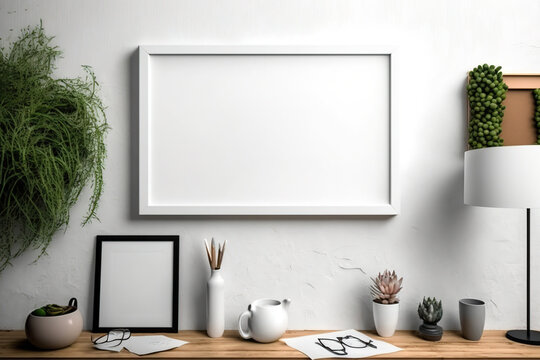 Blank white frame mockup on wall with design accessories. Idea, font, and image placement. Generative AI