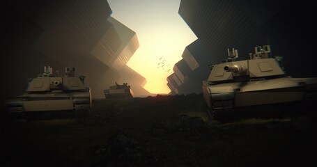 Fototapeta na wymiar a squad of armored tanks, among abstract buildings, 3d render