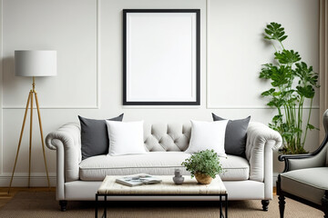 Hampton-style living room with frame mockup. Generative AI
