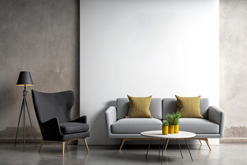 Modern living room decor with a chair, coffee table, and copy space against a background of a concrete wall. concept of comfort and home. a mockup. Generative AI