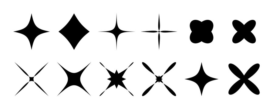 A striking set of black graphic shapes varying from stars to crosses and abstract forms, each distinct in design, suitable for icons, logos, or creative embellishments