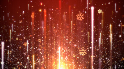 Snowflakes and particles light red christmas glittering abstract background.