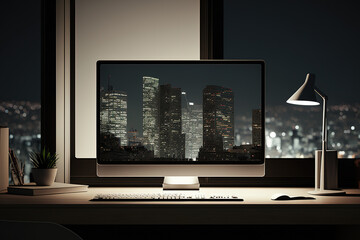 Close-up of a blank white computer screen in a modern, creative office setting that is at night and has wooden floors, a glass barrier, and a window with a view of the city. Generative AI
