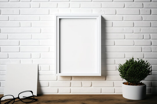 white mock-up frame with white brick wall background. Generative AI
